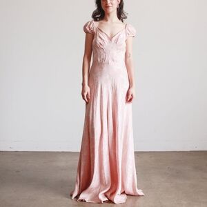 1930s Blush Pink Damask Silk Floral Jacquard Gown with Cap Puff Sleeves